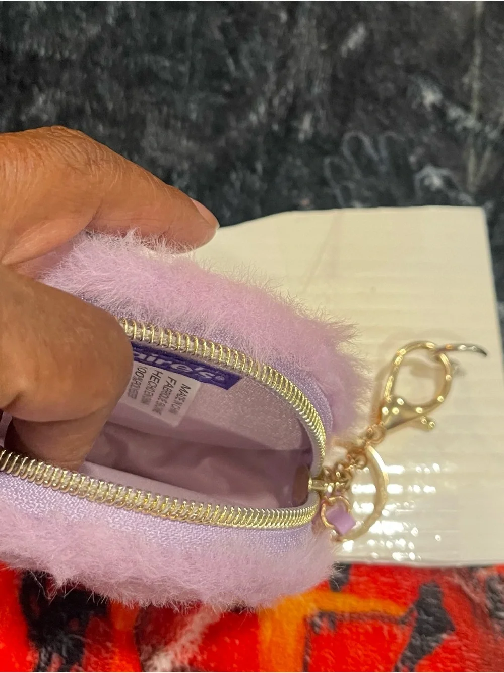 Lavender Faux Fur Pouch Keychain with Pearl & Rhinestone Accent